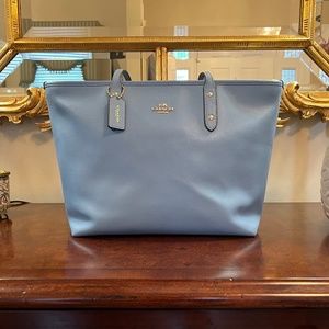 Coach Leather Light Blue Zip Top Tote - Excellent Used Condition